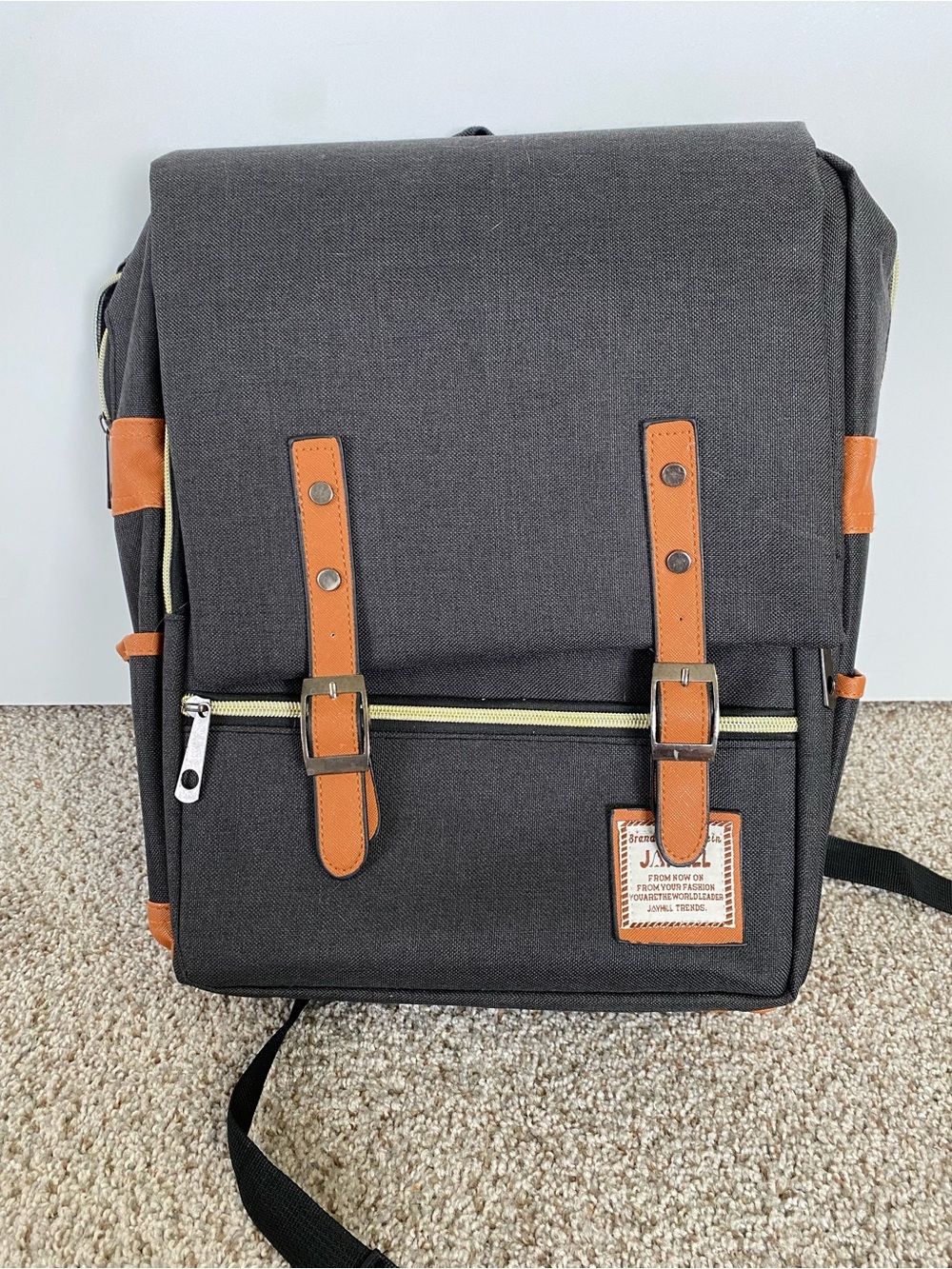 Canvas Backpack with Brown Trim - Dark Gray
